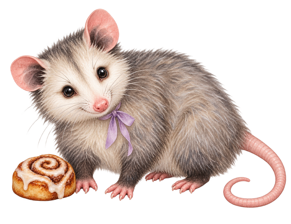 Laurabelle’s friendly opossum on four paws with a lavender bow and cinnamon roll