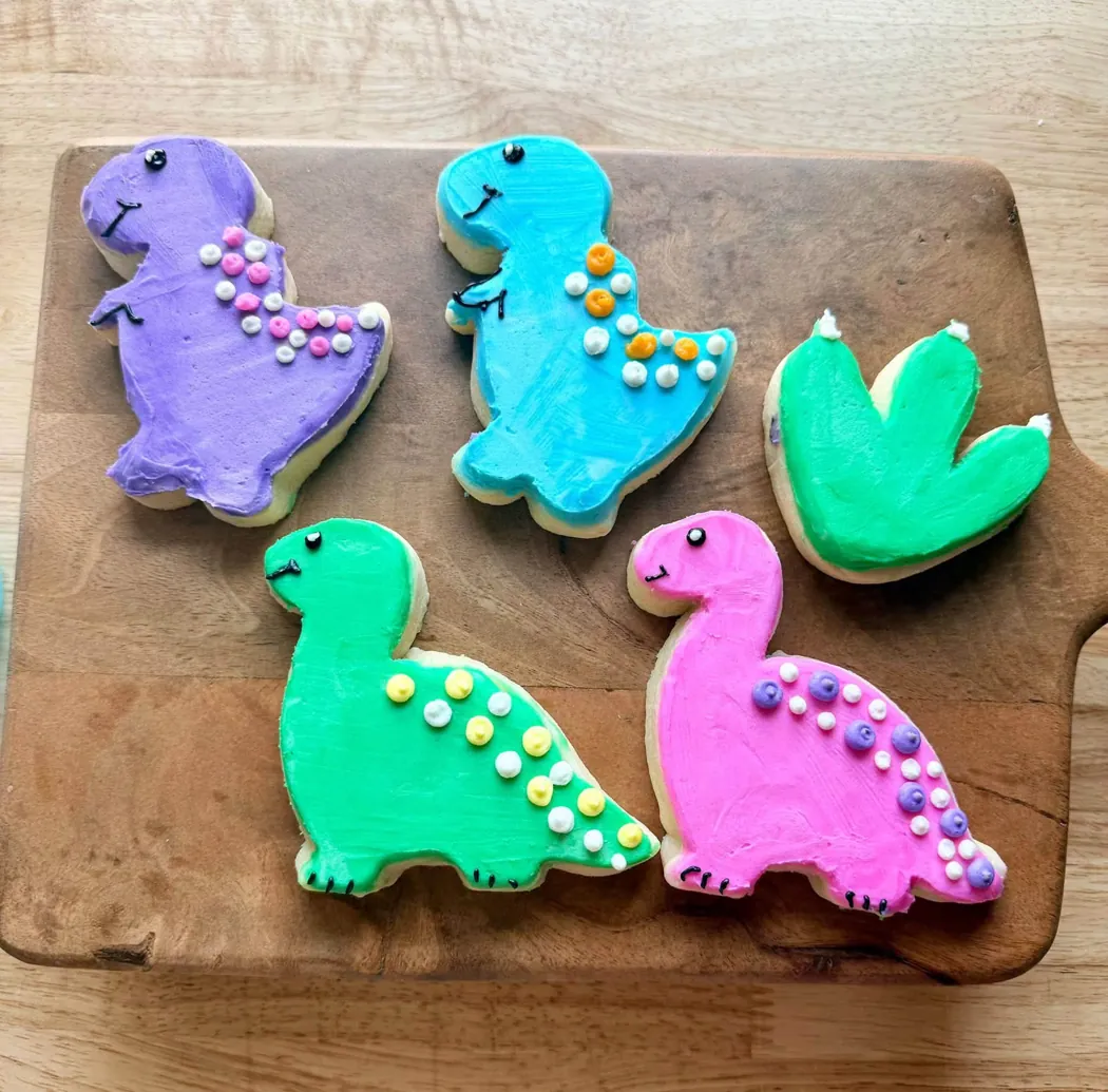 Colorful dinosaur decorated cookies from Laurabelle’s